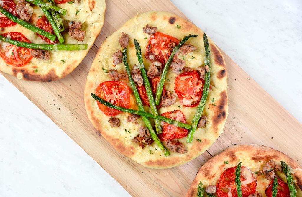 Turkey Sausages, Tomatoes and Asparagus Grilled Pizza